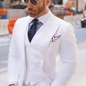 Szeroki szczytowy lapel męskie garnitury do ślubu Tuxedos 2022 Biały Groom Man Blazer Jacket 3 sztuki Smart Casual Business Garnitur