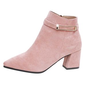 Pink Suede Boots Women's Pointed Square-Heeled Side Zipper Short-Tube Boots Belt Buckle High Heel British Style shoes Y0914