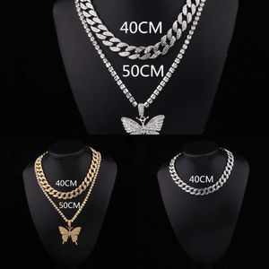 Kvinnor Hiphop Iced Out Halsband 4mm Zircon Tennis Chain With Butterfly Hänge 12mm Kubansk Kedja Choker Halsband Mode Smycken Q0809