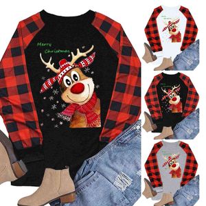 Vinter Kvinnor Jultröja Elk Print Sweatshirt Solid Kontrast Långärmad Jumper Toppar Julkläder Y1110