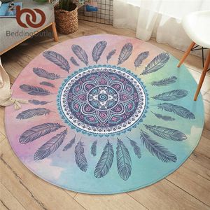 BeddingOutlet Mandala Round Carpet Kids Room Bohemian Feathers Area Rugs Mat Pink and Blue Tapete For Living Room alfombra 100cm 210727