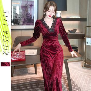Zarif kadife elbise Fransız kadın giyim sonbahar kış tarzı şarap kırmızı ince bir çizgi parti elbiseler vestidos 210608