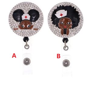 Portachiavi stile più nuovo Porta badge retrattile con strass Black Girl per accessori nome infermiera bobina badge con clip a coccodrillo