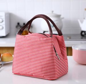 120 sztuk Stripe Lunch Izolacja Torba Oxford Tkaniny Thermal Cooler Torby Kobiety Wodoodporna Torebka Breakfast Pudełko Przenośne Picnic Travel Food Storage Tote Sn2951