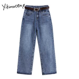 Yitimuceng Telai Donna Jeans Dritto Plus Size Pantaloni a lunghezza intera Primavera Estate Denim a vita alta Moda casual 210601