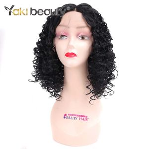 14Inch kinky curly t del spets peruker kort afro kinky curly peruk brun syntetisk t-del bobo peruk för svart kvinna av yaki skönhetsfaktorisk direkt