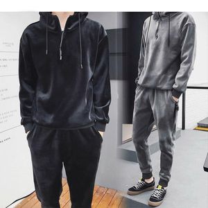 Tute da uomo Autunno Inverno Morbido Caldo Uomo Felpa con cappuccio Felpa con cappuccio e pantaloni da jogger 2 Pezzi Vestito Velluto Tuta Coreano Oro Moda Velluto Pista