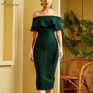 Summer Women's Green Strapless Bandage Dress Sexig Kortärmad Midi Club Celebrity Party Vestidos 210525