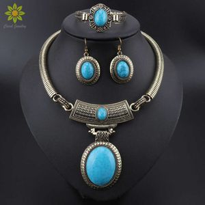 Kobiety Blue CZ Żywica Kamień Owalny Kształt Moda Zestawy Biżuterii Vintage Naszyjnik Kolczyki Bransoletka Rhinestone Zestawy H1022