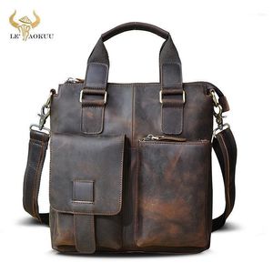 Men Crazy Horse Leather Design Vintage Business Briefcase Casual Laptop Travel Bag Tote Attache Messenger Portfolio B2591