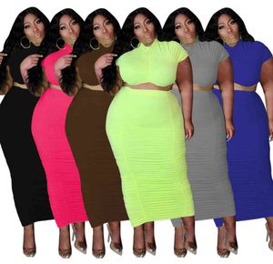 Summer Plus Size Women 2 Pieces Dress 3x 4x 5x Fashion Leisure Solid Color Short Sleeve Long Skirt Large Size T-shirt Skirt Suit 6 Colors