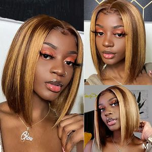 Brun markering blond human hår bob hd transparent spets peruk för kvinnor korta bobs rakt framkantar 360 frontal prepluck hårlinje 150% densitet full naturlig