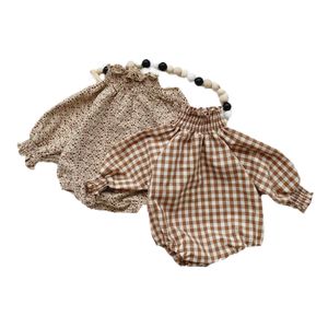 Höst Blommor Bodysuit Nyfödda Baby Girls Långärmad Jumpsuit Bomull Spädbarn Flickor Plaid Bodysuit Kids Kläder 210315