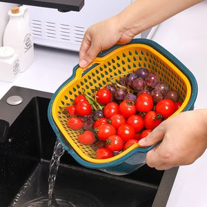 Organização de armazenamento de cozinha de plásticos camada de camada dupla cesta de lavagem de lavar cestas de drenagem tigela de água Frutas Frutas de arco de arroz vegetal Ferramenta de limpeza ZL0270