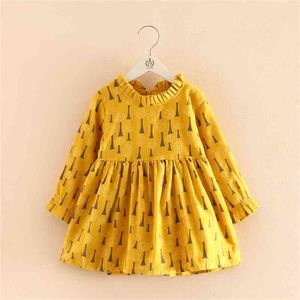 Primavera Autunno 2 3 4 6-10 anni Abbigliamento per bambini Stile Inghilterra Girocollo Manica lunga Giallo Abiti per bambina 210701