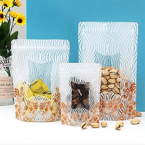 100Pcs Stand up Fiori d'oro Plastica Doypack Pouch Zipper Window Bags Food Storage Packaging Stampa UV Strisce bianche Sacchetto di imballaggio Polybag