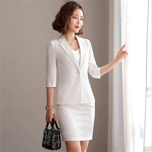 Yaz Bayanlar Etek Takım Elbise Set Casual Ofis Slim Fit Çizgili Kadın Blazer Pantolon Zarif Yüksek Kalite 210527