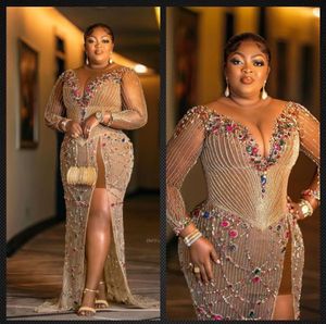 2022 Plus Size Arabic Aso Ebi Gold Luxurious Sheath Prom Dresses Beaded Crystals Illusion Evening Formal Party Second Reception Gowns Dress ZJ224