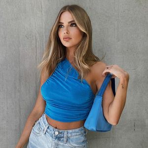 Kvinnor Orange Oblique Axel Ruched Crop Tops Camis Fashion Solid Bodycon Tops Femme Backless Slim Tank Top Streetwear
