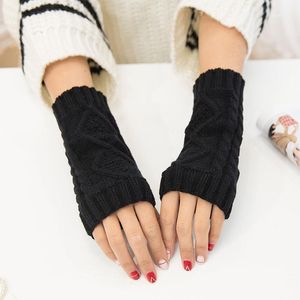 Autumn Winter Black Diamond Half Finger Gloves For Female Girl Warm Acrylic Knitted Red Coffee Grey Navy Cycling Women's Gloves1