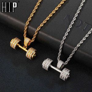 Hip Hop Iced Out Bling Rope Barbell Gym Fitness Dumbbell Gold Color Hand Pendants &Necklaces Men Tennis Chain Jewelry