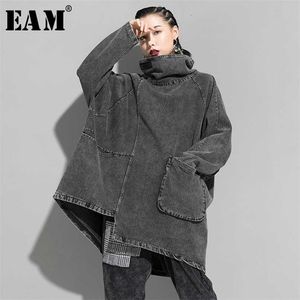 [Eam] Loose Fit Black Denim Oversized Sweatshirt Hög krage Långärmad Kvinnor Stor Storlek Mode Vår Höst 1K166 211109