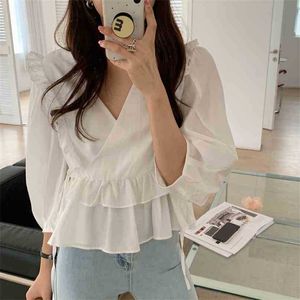 Elegance V-Neck Solid Ruffles Sweet Blouses Stylish Korean Gentle OL Lady Girls All Match Prom Shirts Tops 210525