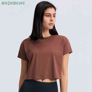 Shinbene Codziennie Loose Fit Siłownia Yoga Sport Crop Koszulka Kobiety Naked Feel Feel Mocka Trening Trening Fitness Crop Tops Tee H1221