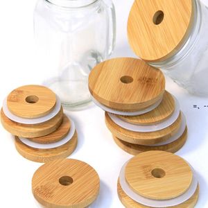 New70mm / 86mm LID jars reutilizáveis ​​tampas de bambu com furo de palha e selo de silicone para frascos de pedreiro canning rrf11343