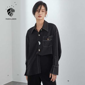 Fansilanen Fashion Button Up Czarny Bluzka Koszula Kobiety Z Długim Rękawem Oversize Oversize Casual Kobiet Biurowe Panie Eleganckie Top 210607