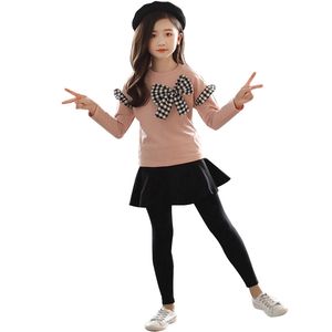 Flickor kläder Set Bow Shirt+Legging 2 PCS Autumn Suit for Winter Kids Casual Teenage Clothing 4 6 8 12 år 210528