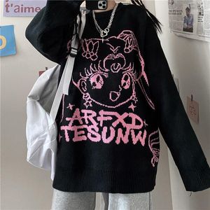 Kvinnors tröjor Deeptown Gothic Streetwear Anime Print Stickad tröja Kvinnor Harajuku Punk Hip Hop O-Neck Oversize Långärmad Jumper Kawai