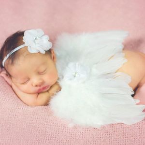 Baby-Engel-Fotoflügel-Fotografie-Requisiten für Neugeborene, hübsches rosa-weißes Federkostüm mit elastischem Chiffon-Spitzenblumen-Stirnband