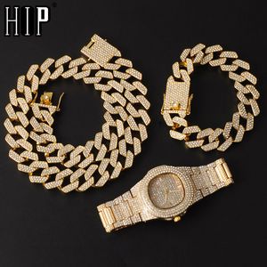 Hip Hop 20mm 3pcs Kit Watch + Halsband + Armband Bling AAA + Iced Out Alloy Rhinestones Prong Cuban Link Kedjor för män Smycken