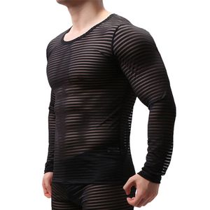 Sexy Mesh T-shirt Herren Transparent Langarm Durchsichtig Gestreifte Schlaf Unterhemden Muscle Perform Top Tees Nachtwäsche 210629