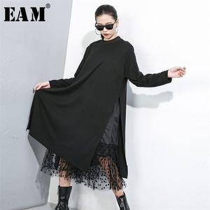 [EAM] Kobiety Czarna Mesh Dot Split Dress Dress New Stand Collar Długi Rękaw Loose Fit Fashion Fale Spring Jesień 210303