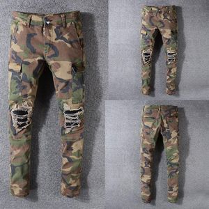 Dżinsy męskie włoski styl men dżinsy armia zielony kamuflaż patchwork Casual Pants Slim Fit Brand Streetwear Enter