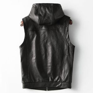 Men's Leather & Faux 2021 Vest Hooded Genuine Jacket Men Sheepskin Coat Casual Mens Vests Vintage Colete Masculino KFS12M014