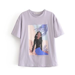 Kadınlar Temel Güzellik Kız Paiting Baskı Örme T-Shirt Kadın O Boyun Kısa Kollu Şık Yaz Tişört Boş Zaman Tops T638 T200613