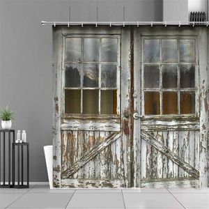 Old Vintage Wood Door Waterproof Shower Curtains Retro Bathroom Decor Hanging Curtain Set Bath Screen Home Decoration Wall Cloth 211115