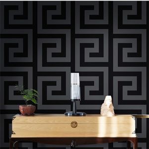 Geometric Wall Papers Black Grey Luxury Satin Effect Large Greek Key Wallpaper Living Room Background Decor 210722