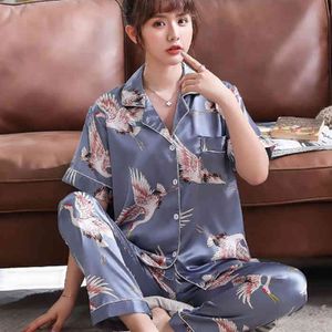 2021 Ny sommar kvinna pyjamas Set Sexig Silk Satin Avstängning Krage Nightgown SleepWear Short Sleeve Long Pant Plus Storlek 4XL 5XL X0526
