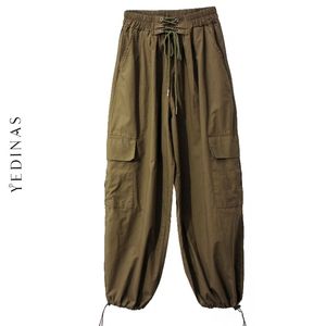 Yedinas Calças Coreanas Calças Mulheres Lace Up Hight Wiária Pant Preto Solto Calças Casuais com Pocket Streetwear Outono 210527