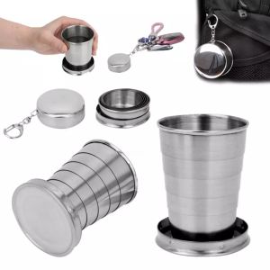 75ML-250ml Stainless Steel Mugs Folding Cup With Keychain Portable Retractable Telescopic Collapsible Cups Outdoor Water Drink CupZC932