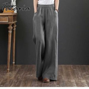 Mulheres Algodão Linho Calças Casuais Plus Size Alto Cintura Calças Laranja Laranga Perna Loose Calças Femininas Cinza Elegante Streetwear 210707