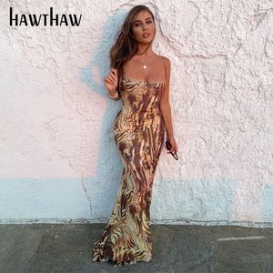 Hawthaw女性のファッション夏ノースリーブボディコンスリムプリントビーチ鉛筆ロングドレスサンドレス2021女性服ストリートウェアx0521