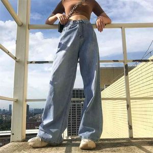 Wysoka Paistia Szeroka Noga Worki Dżinsy 90. Cargo Estetyczne Spodnie Ograniczone Spodnie Kobiety Jesień Blue Boyfriend Jeans Pantalon Femme 210715