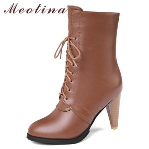 Meotinaの女性のブーツ冬の足首のブーツレースアップスパイクヒールショートブーツファッションスーパーハイヒールの靴の女性秋のプラスサイズ34-45 210608