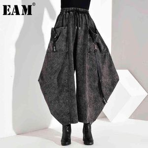 [Eam] Alta Cintura Elástica Pocket Split Longo Denim Largo Perna Calças Loose Calças Fit Calças Moda Moda Primavera Outono 1D 211124