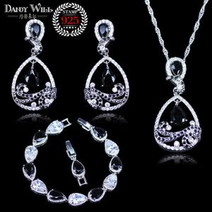 Trendy Attractive Black Pear Water Drop Cubic Zirconia Crystal silver color Jewelry Set For Women Bracelets Sets H1022